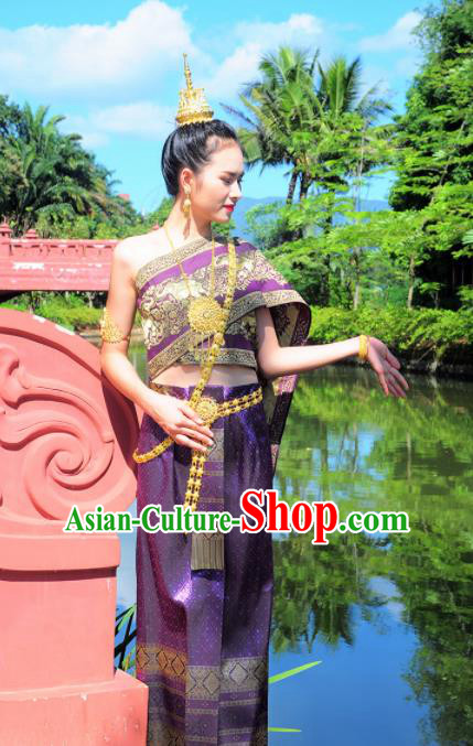Asian Traditional Thailand Costumes National Handmade Embroidered Purple Dress for Women