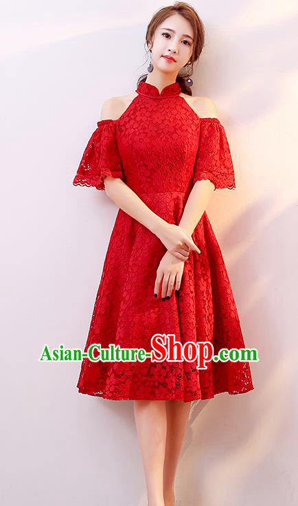 Professional Modern Dance Costume Chorus Group Clothing Bride Toast Red Lace Dress for Women