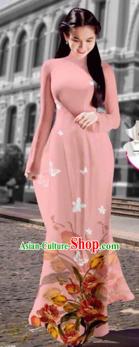 Asian Vietnam Costume Vietnamese Trational Dress Printing Light Pink Ao Dai Cheongsam Clothing for Women
