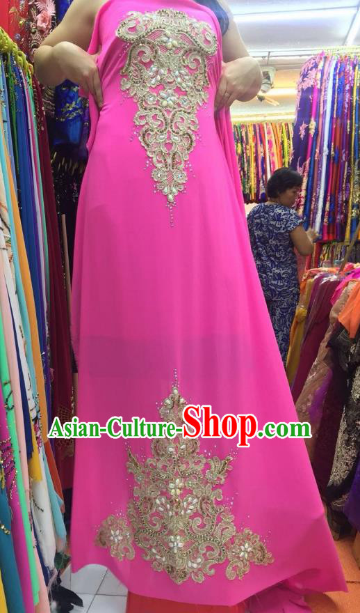 Asian Vietnam Costume Vietnamese Trational Dress Pink Embroidered Ao Dai Cheongsam Clothing for Women