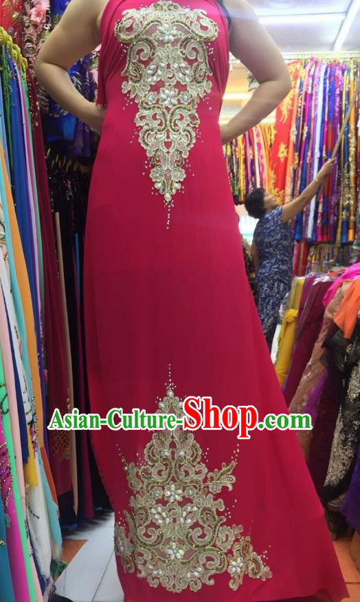 Asian Vietnam Costume Vietnamese Trational Dress Peach Pink Embroidered Ao Dai Cheongsam Clothing for Women