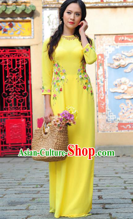 Asian Vietnam Costume Vietnamese Trational Dress Printing Flowers Yellow Ao Dai Cheongsam Clothing for Women