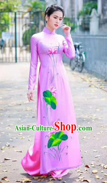 Asian Vietnam Palace Costume Vietnamese Trational Dress Ink Painting Lotus Pink Ao Dai Cheongsam Clothing for Women