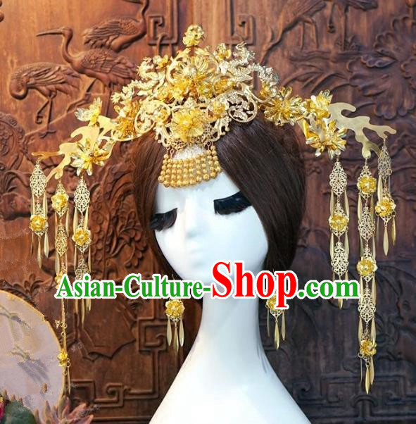 Chinese Handmade Classical Phoenix Coronet Tassel Hairpins Hair Accessories Ancient Bride Headwear for Women