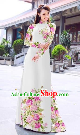 Asian Vietnam Palace Costume Vietnamese Trational Dress Printing White Ao Dai Cheongsam Clothing for Women