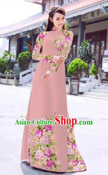 Asian Vietnam Palace Costume Vietnamese Trational Dress Printing Pink Ao Dai Cheongsam Clothing for Women
