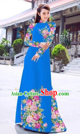 Asian Vietnam Palace Costume Vietnamese Trational Dress Printing Rose Blue Ao Dai Cheongsam Clothing for Women