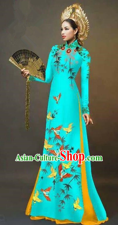 Asian Vietnam National Costume Vietnamese Trational Dress Printing Bamboo Blue Ao Dai Cheongsam for Women