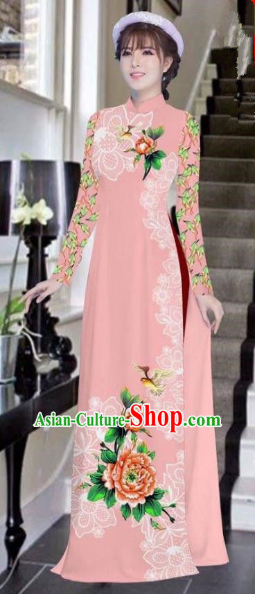 Asian Vietnam National Costume Vietnamese Bride Trational Dress Printing Peony Pink Ao Dai Cheongsam for Women