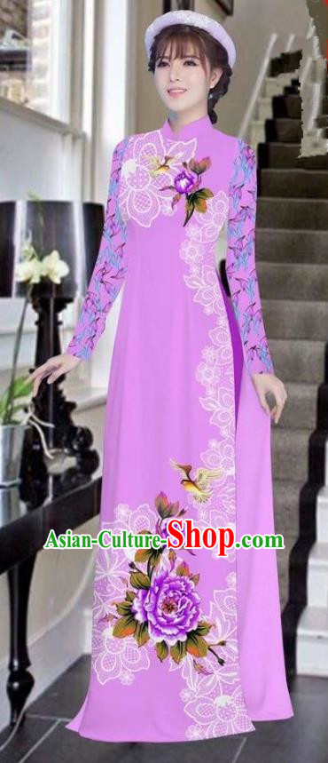 Asian Vietnam National Costume Vietnamese Bride Trational Dress Printing Peony Lilac Ao Dai Cheongsam for Women