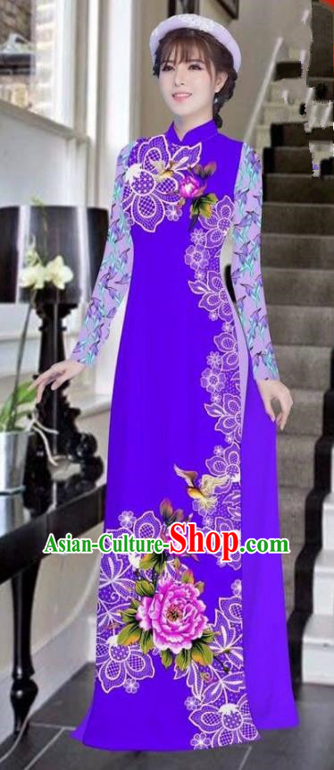 Asian Vietnam National Costume Vietnamese Bride Trational Dress Printing Peony Purple Ao Dai Cheongsam for Women