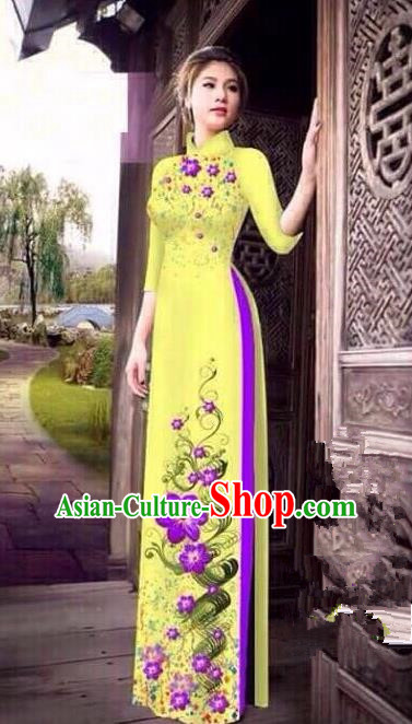 Asian Vietnam National Costume Vietnamese Bride Trational Dress Printing Petunia Yellow Ao Dai Cheongsam for Women