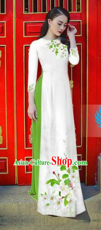 Asian Vietnam National Costume Vietnamese Bride Trational Dress Printing Flowers White Ao Dai Cheongsam for Women