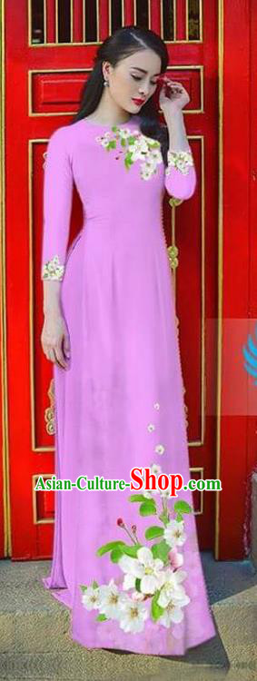 Asian Vietnam National Costume Vietnamese Bride Trational Dress Printing Flowers Lilac Ao Dai Cheongsam for Women