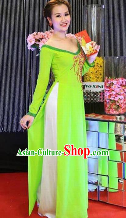 Asian Vietnam Palace Costume Vietnamese Trational Dress Green Ao Dai Cheongsam Clothing for Women