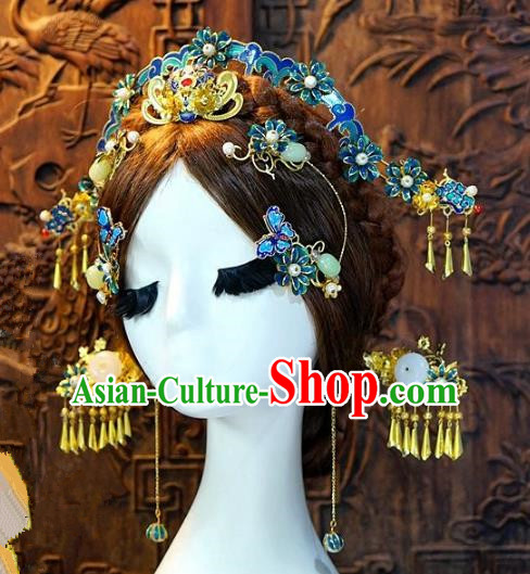 Chinese Handmade Classical Xiuhe Hair Accessories Luxurious Phoenix Coronet Ancient Cloisonne Hairpins for Women