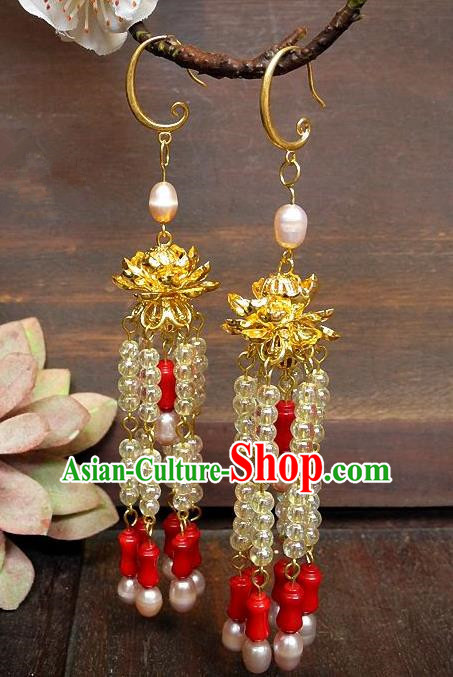 Asian Chinese Traditional Handmade Jewelry Accessories Eardrop Bride Lotus Tassel Earrings for Women
