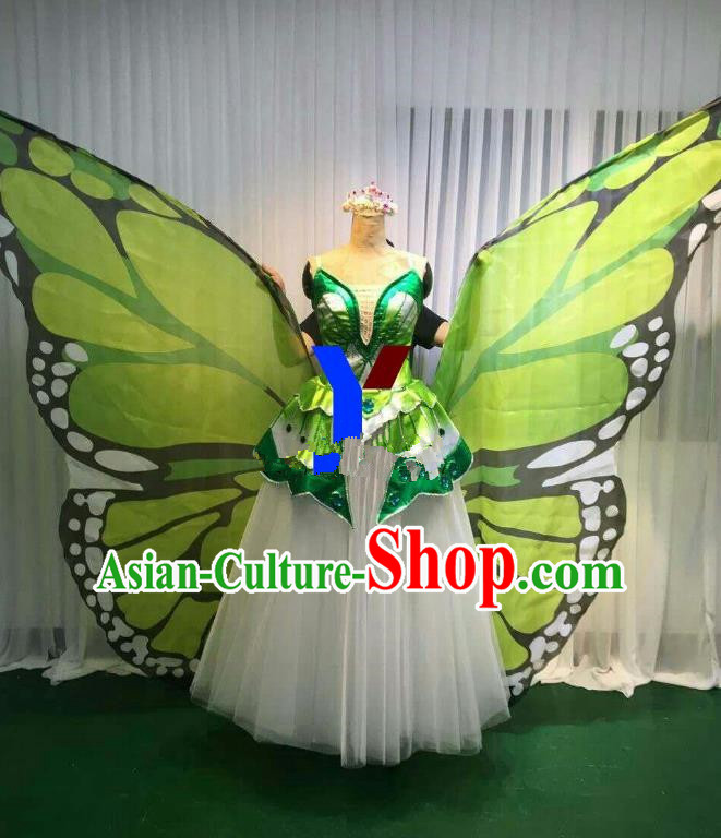 Professional Modern Dance Stage Performance Dress Halloween Costume and Green Butterfly Wings for Women