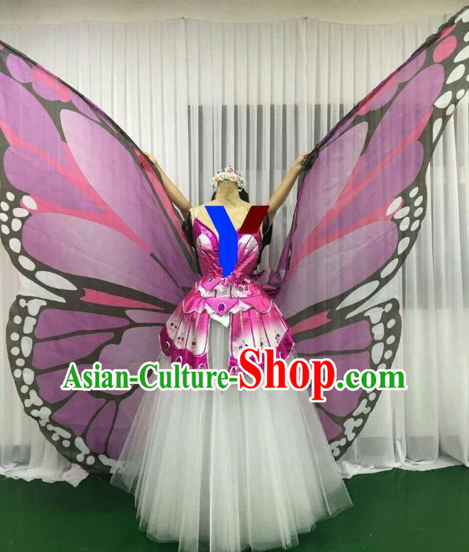 Professional Modern Dance Stage Performance Dress Halloween Costume and Lilac Butterfly Wings for Women