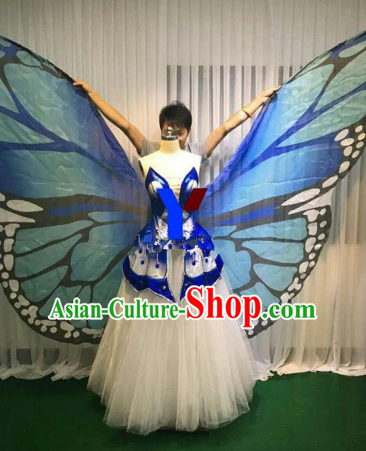 Professional Modern Dance Stage Performance Dress Halloween Costume and Blue Butterfly Wings for Women