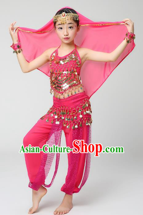 Traditional India Dance Pink Costume, Asian Indian Belly Dance Paillette Clothing for Kids