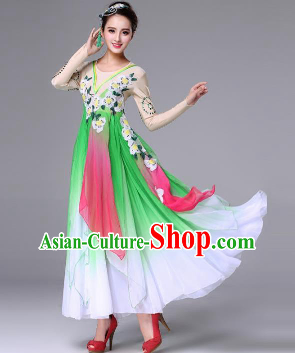 Traditional Chinese Yangge Fan Dance Costume, Folk Dance Yangko Classical Dance Green Dress for Women