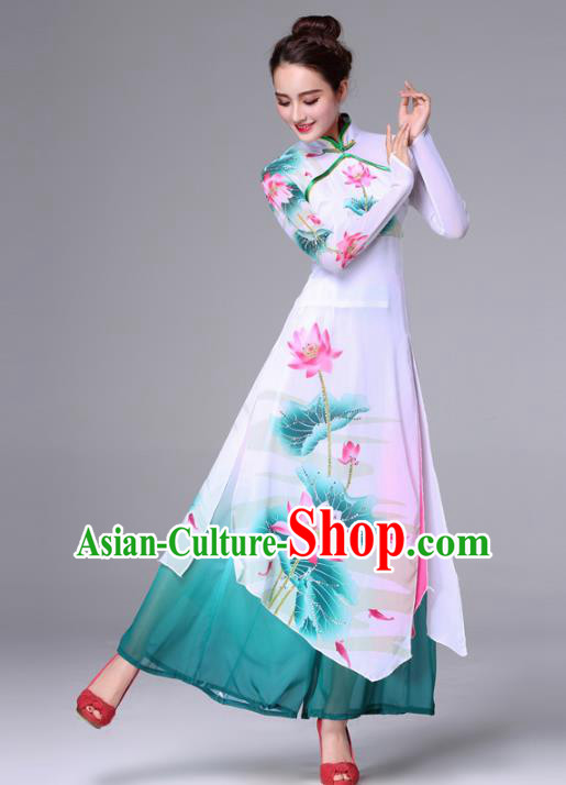 Traditional Chinese Yangge Fan Dance Costume, Folk Yangko Dance Classical Lotus Dance Green Dress for Women