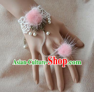 European Western Bride Vintage Renaissance Light Pink Venonat Lace Bracelet with Ring for Women
