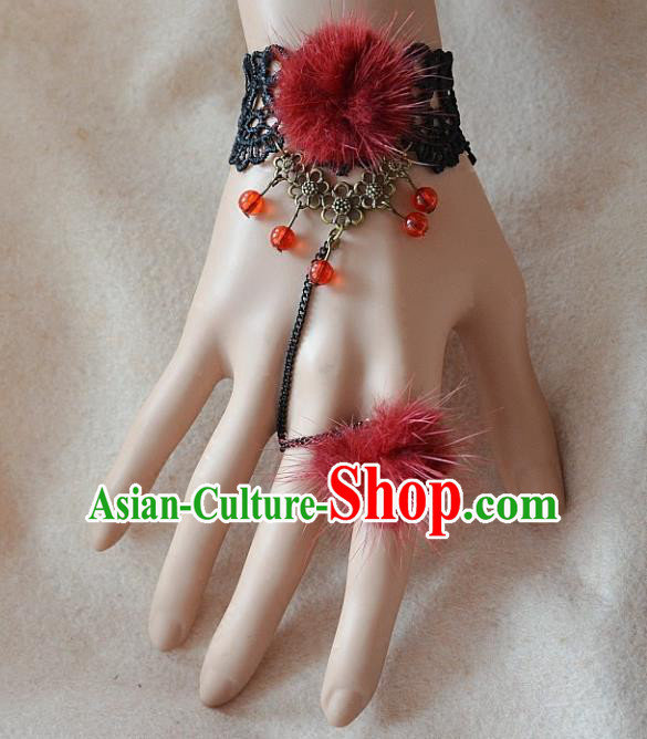 European Western Bride Vintage Renaissance Red Venonat Lace Bracelet with Ring for Women
