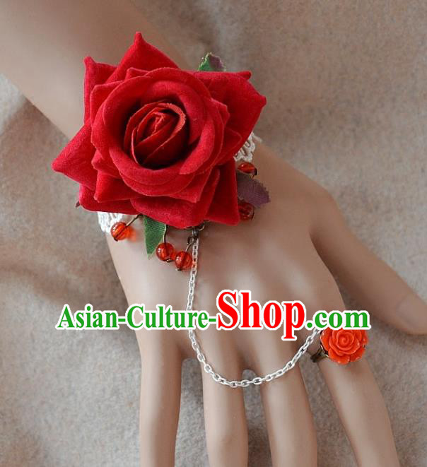 European Western Bride Wrist Flowers Vintage Renaissance Red Rose Bracelet with Ring for Women