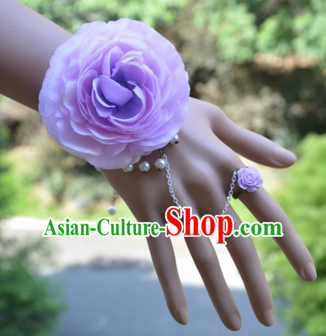 European Western Bride Wrist Accessories Vintage Renaissance Purple Peony Bracelet with Ring for Women