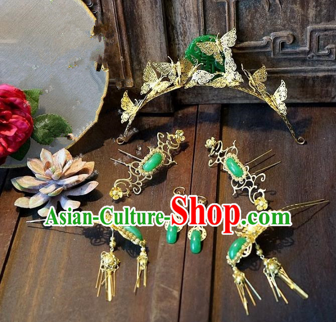 Chinese Handmade Classical Wedding Jade Hairpins Ancient Hanfu Hair Accessories Phoenix Coronet Complete Set for Women