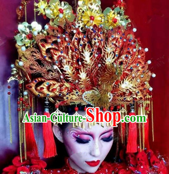 Chinese Handmade Classical Wedding Hairpins Ancient Hanfu Bride Exaggerated Phoenix Coronet Hair Accessories for Women