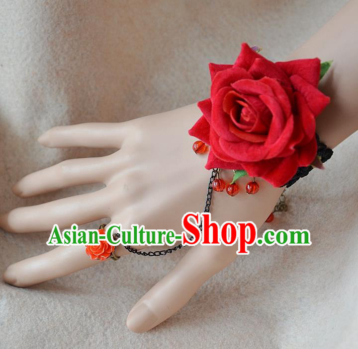European Western Bride Vintage Jewelry Accessories Renaissance Red Rose Bracelet with Ring for Women