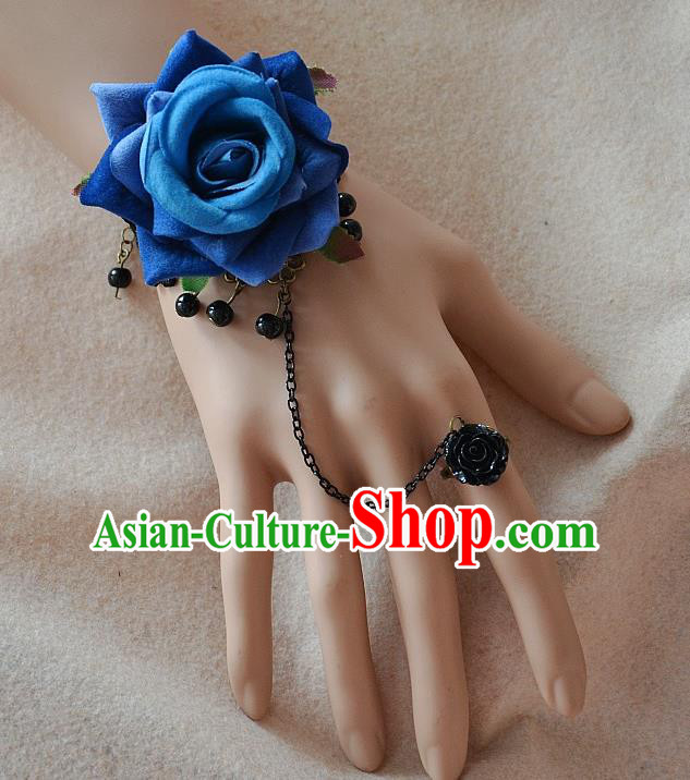 European Western Bride Vintage Jewelry Accessories Renaissance Blue Rose Bracelet with Ring for Women