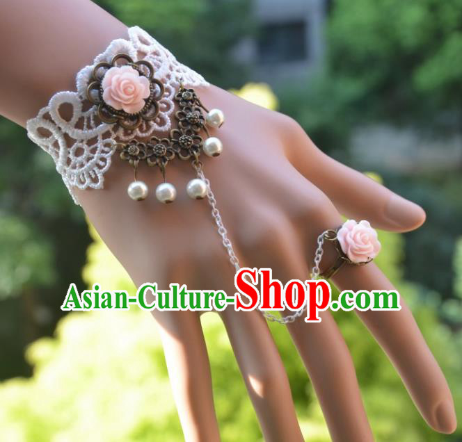 European Western Bride Vintage Accessories Renaissance Pink Rose Pearls Bracelet with Ring for Women