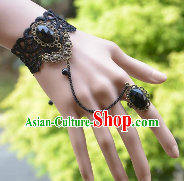 European Western Bride Vintage Accessories Renaissance Black Crystal Lace Bracelet with Ring for Women