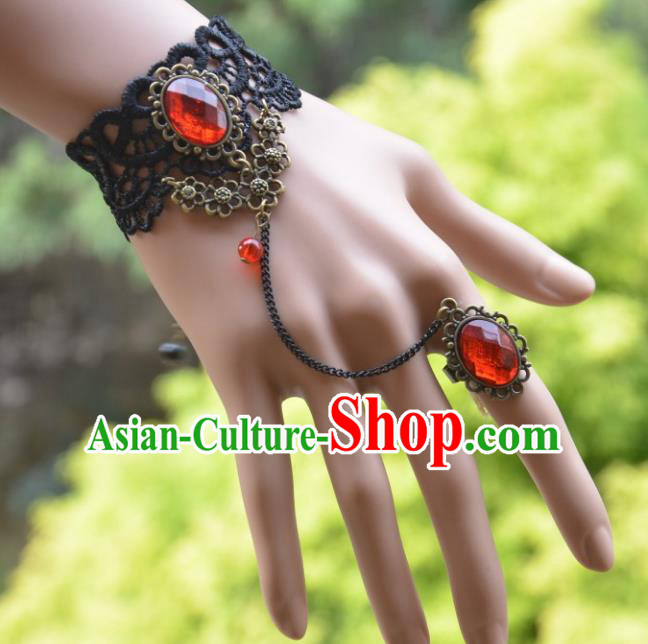 European Western Bride Vintage Accessories Renaissance Red Crystal Lace Bracelet with Ring for Women