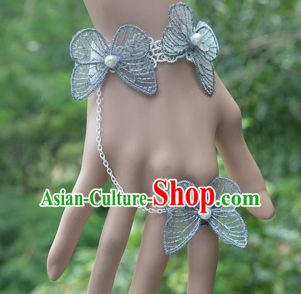 European Western Bride Wrist Accessories Vintage Renaissance Blue Butterfly Bracelet with Ring for Women