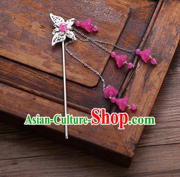 Handmade Chinese Ancient Princess Hair Accessories Butterfly Rosy Tassel Hairpins for Women