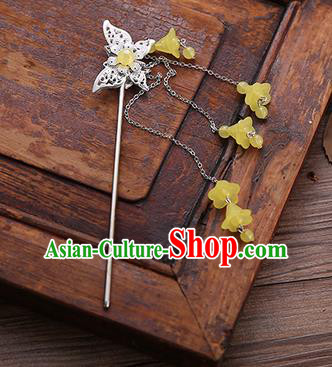Handmade Chinese Ancient Princess Hair Accessories Butterfly Yellow Tassel Hairpins for Women