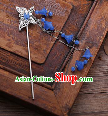 Handmade Chinese Ancient Princess Hair Accessories Butterfly Deep Blue Tassel Hairpins for Women