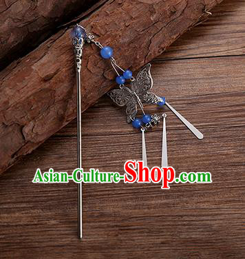 Handmade Chinese Ancient Princess Hair Accessories Deep Blue Beads Butterfly Hairpins for Women