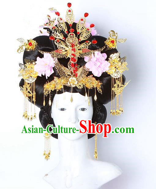 Handmade Chinese Ancient Palace Lady Hair Accessories Wig and Phoenix Coronet Hairpins Complete Set for Women