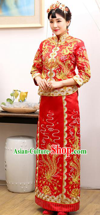 Traditional Ancient Chinese Costume Xiuhe Suits Wedding Embroidered Dragon and Phoenix Toast Cheongsam for Women