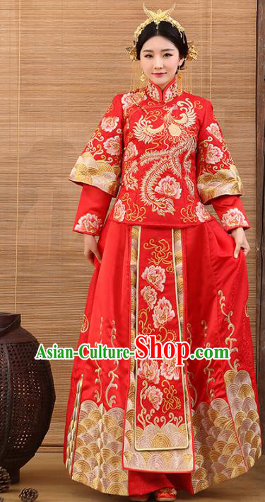 Traditional Ancient Chinese Costume Red Xiuhe Suits Wedding Embroidered Clothing for Women