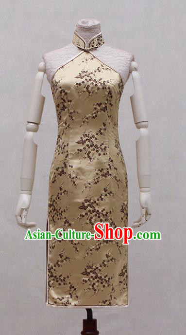 Traditional Ancient Chinese Golden Qipao Dress Painting Peony Cheongsam Clothing for Women