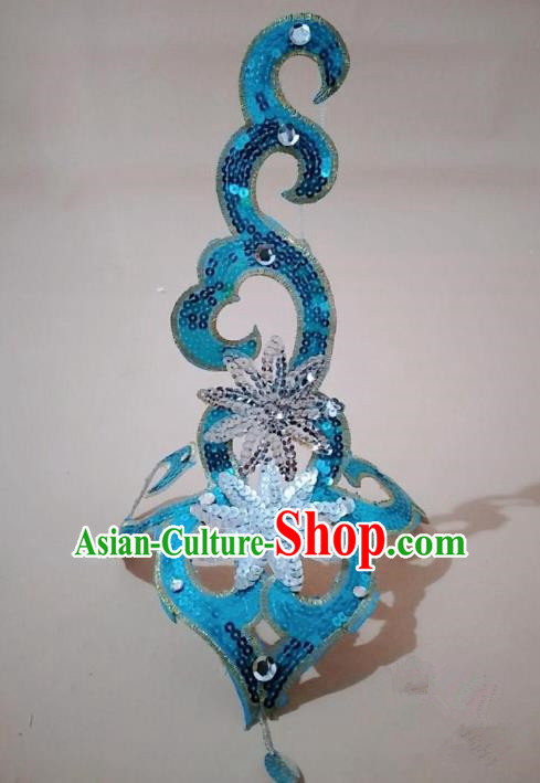 Chinese Classical Dance Yangge Folk Fan Dance Hair Accessories Yangko Blue Paillette Headwear for Women