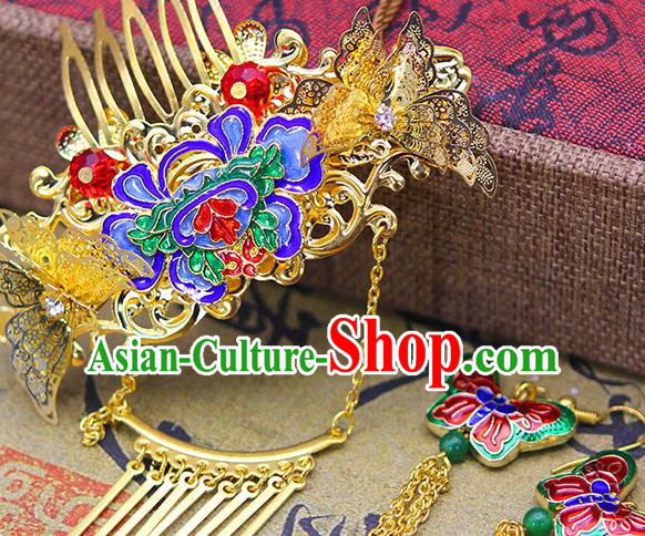 Handmade Asian Chinese Ancient Palace Lady Hair Accessories Hanfu Cloisonne Hair Comb and Earrings for Women