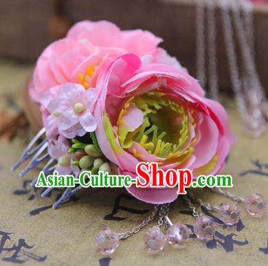 Handmade Asian Chinese Ancient Palace Lady Hair Accessories Hanfu Pink Flowers Hair Comb for Women
